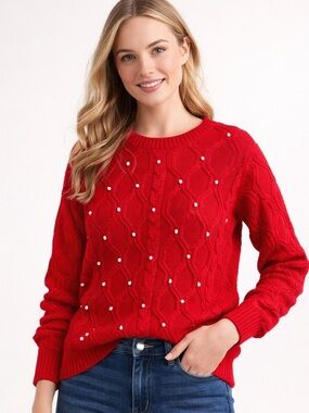 Crown & Ivy Red Cable Knit Sweater Pearl Detail Cozy Winter Top Size S